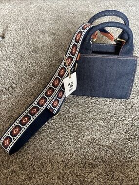 HOBO Denim Top-Handle Bag with Patterned Navy & Rust Strap